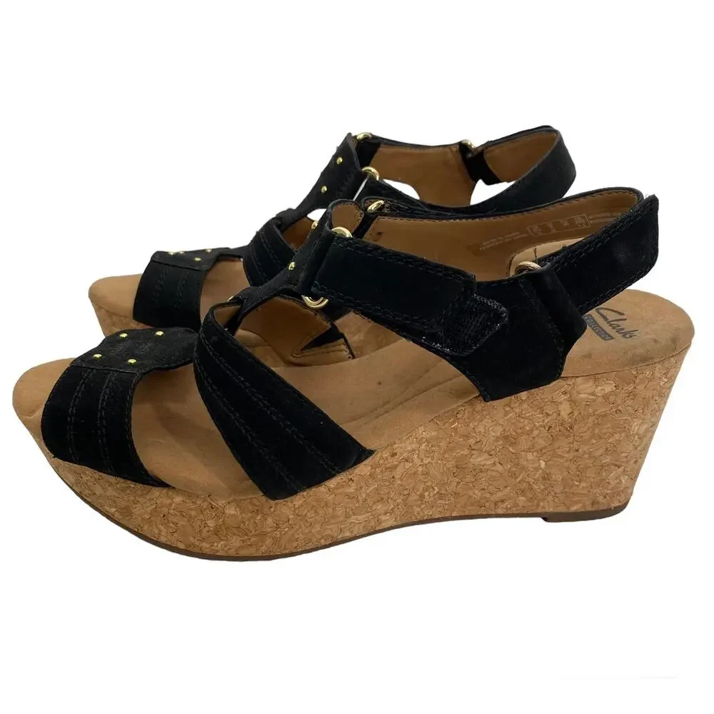 Clarks Annadel Orchid Wedge Sandals Cork Studded Heeled Black Suede 9M